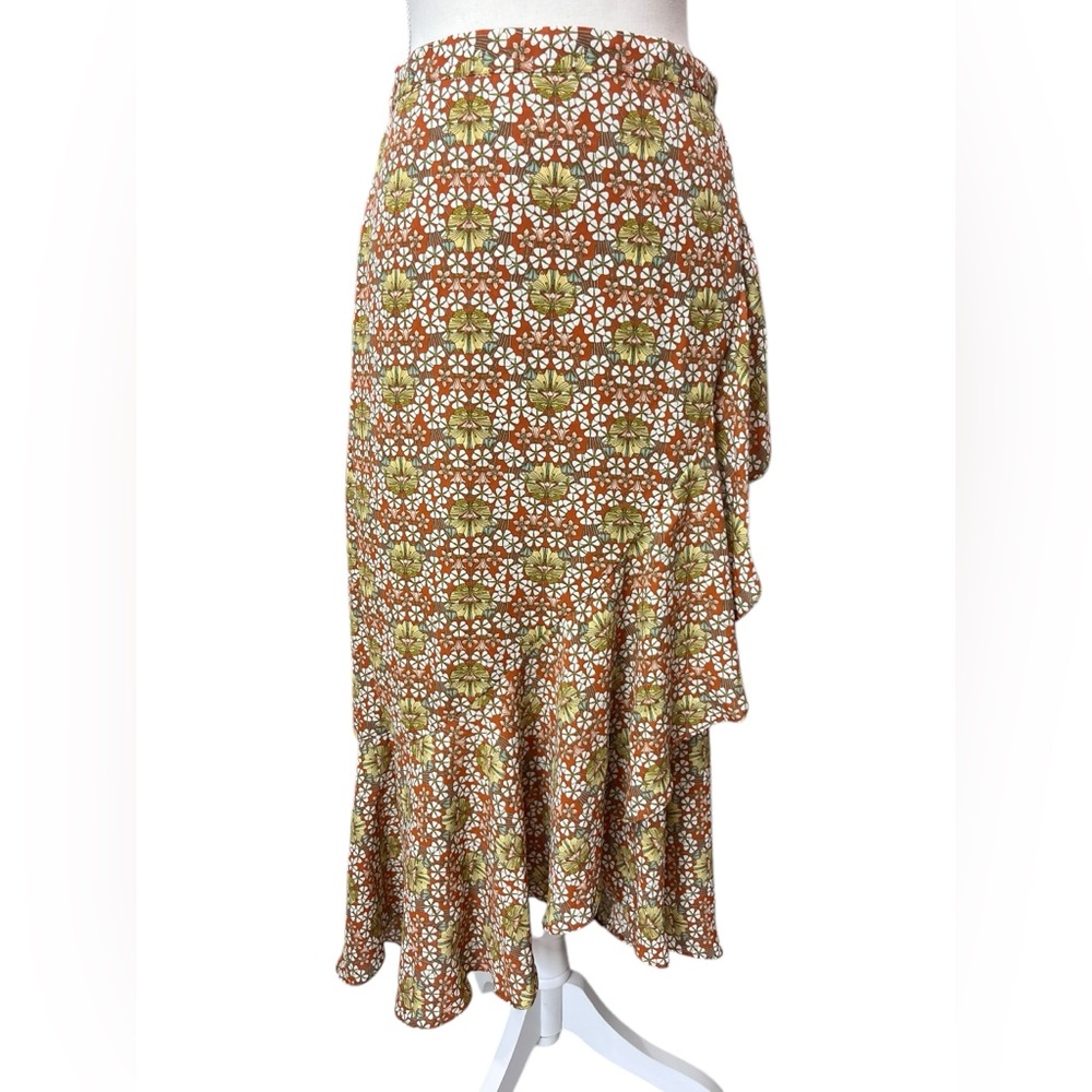 Max Studio Floral Faux Wrap Midi Skirt XL Ruffle High Low Hem Side Tie NWT - Picture 2 of 10